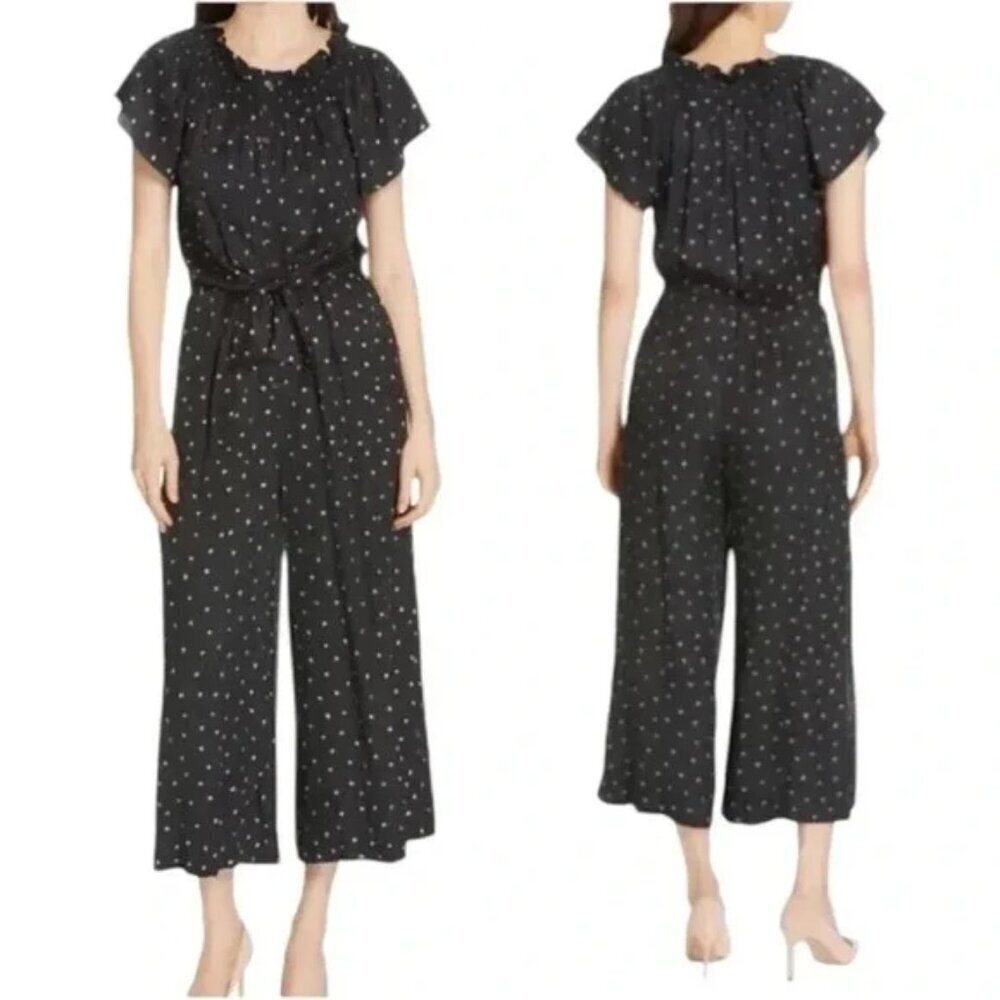 Rebecca Taylor Painted Dot Silk Blend Jumpusit Size 4 Black Wide Leg Preppy